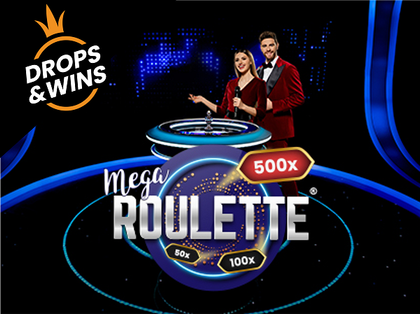 1 win Mega Roulette game interface with a large roulette wheel and vibrant graphics.