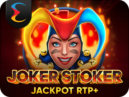 Joker Stoker slot game interface with fiery joker symbols and a dynamic background.